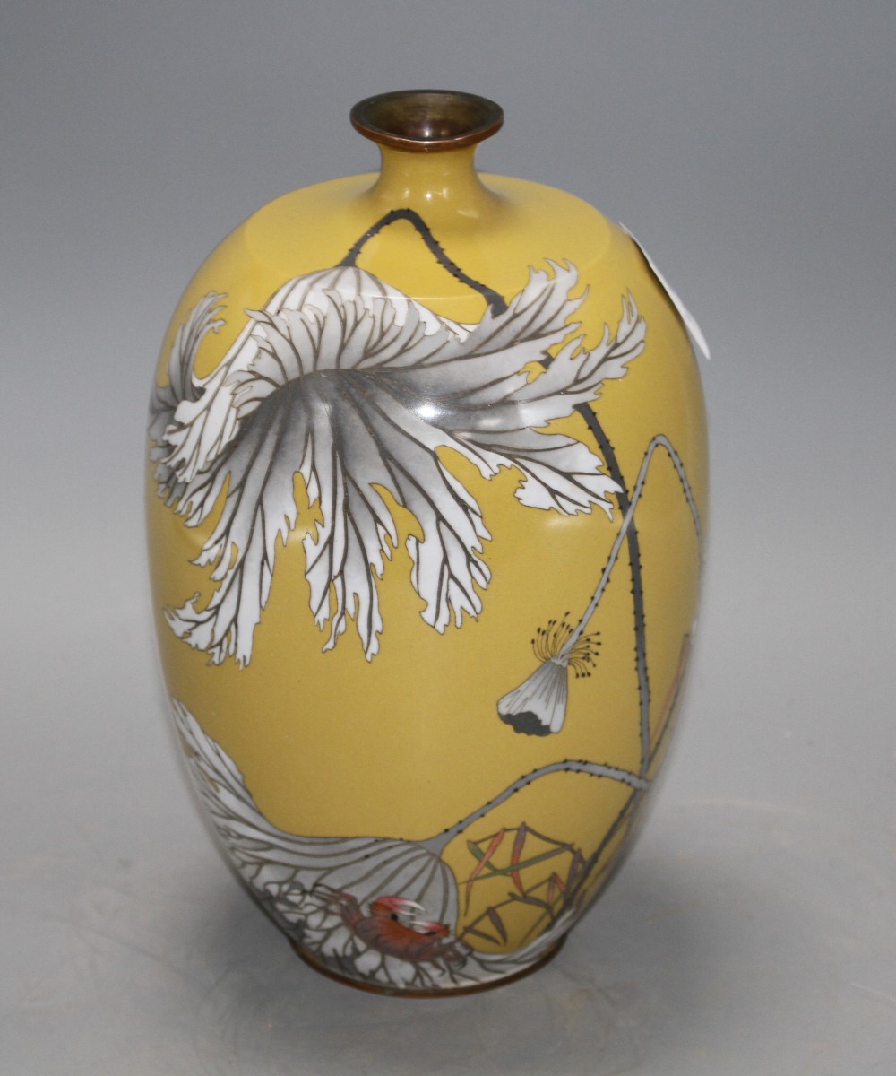 A Japanese Meiji period cloisonne vase, decorated with a crab and fading foliage against a beige ground, height 24cm